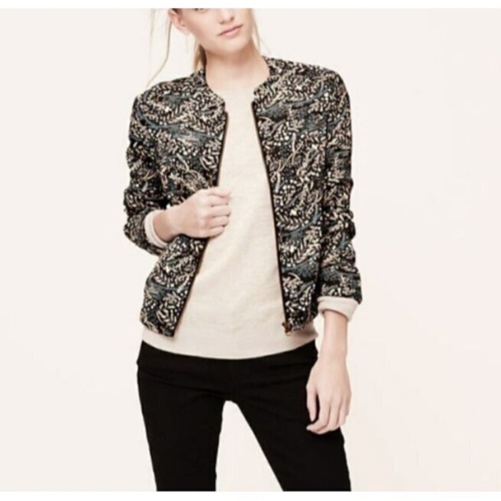 LOFT Jacket Womens Large Black Floral Bomber Zip Up
Silky Lightweight Boho